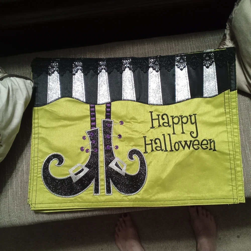 Set Of 6 Halloween Witch Legs  Placements- Green and Black